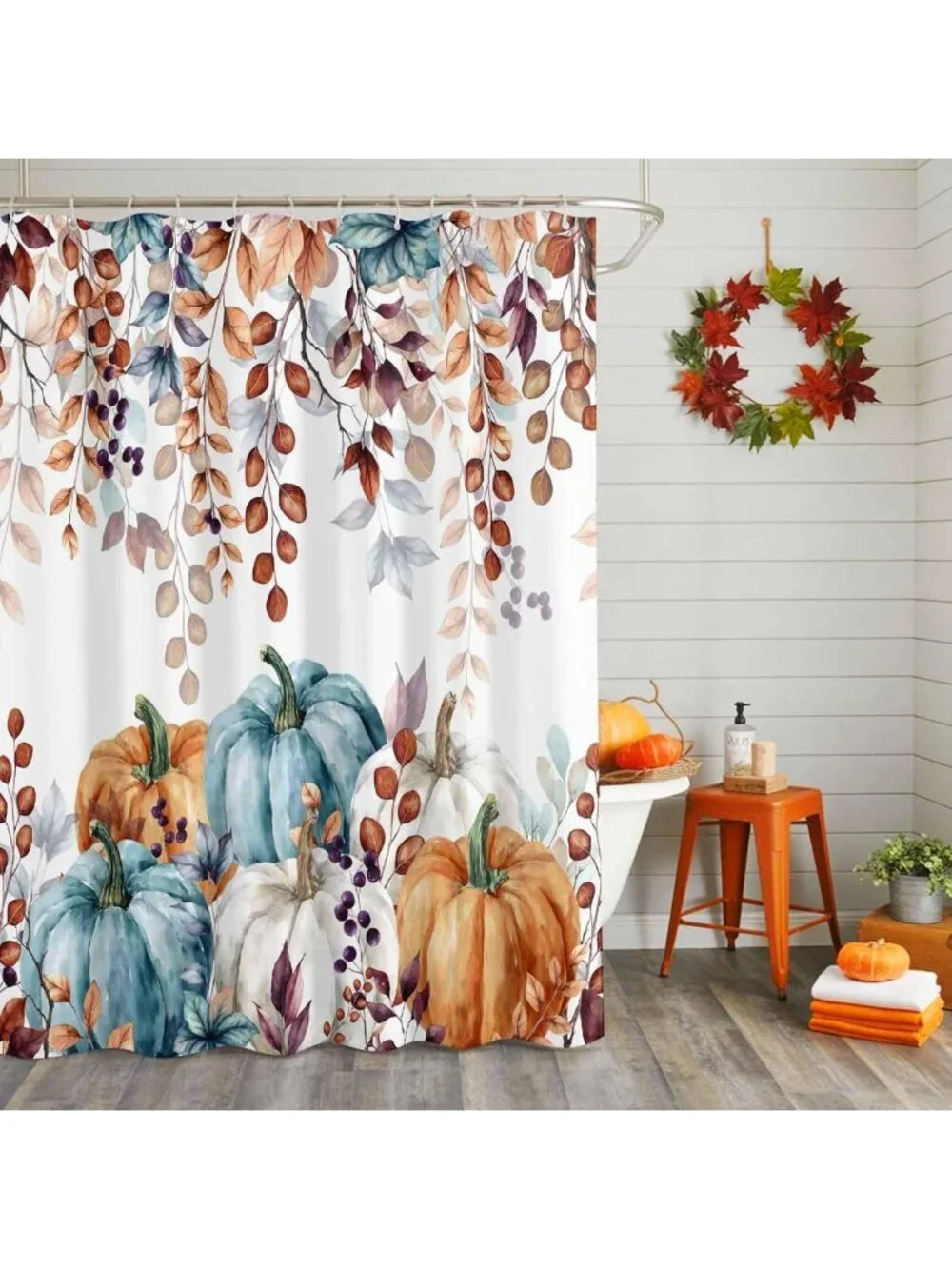 Autumn Pumpkins & Eucalyptus Shower Curtain Set, Waterproof Bathroom Decor 60x72